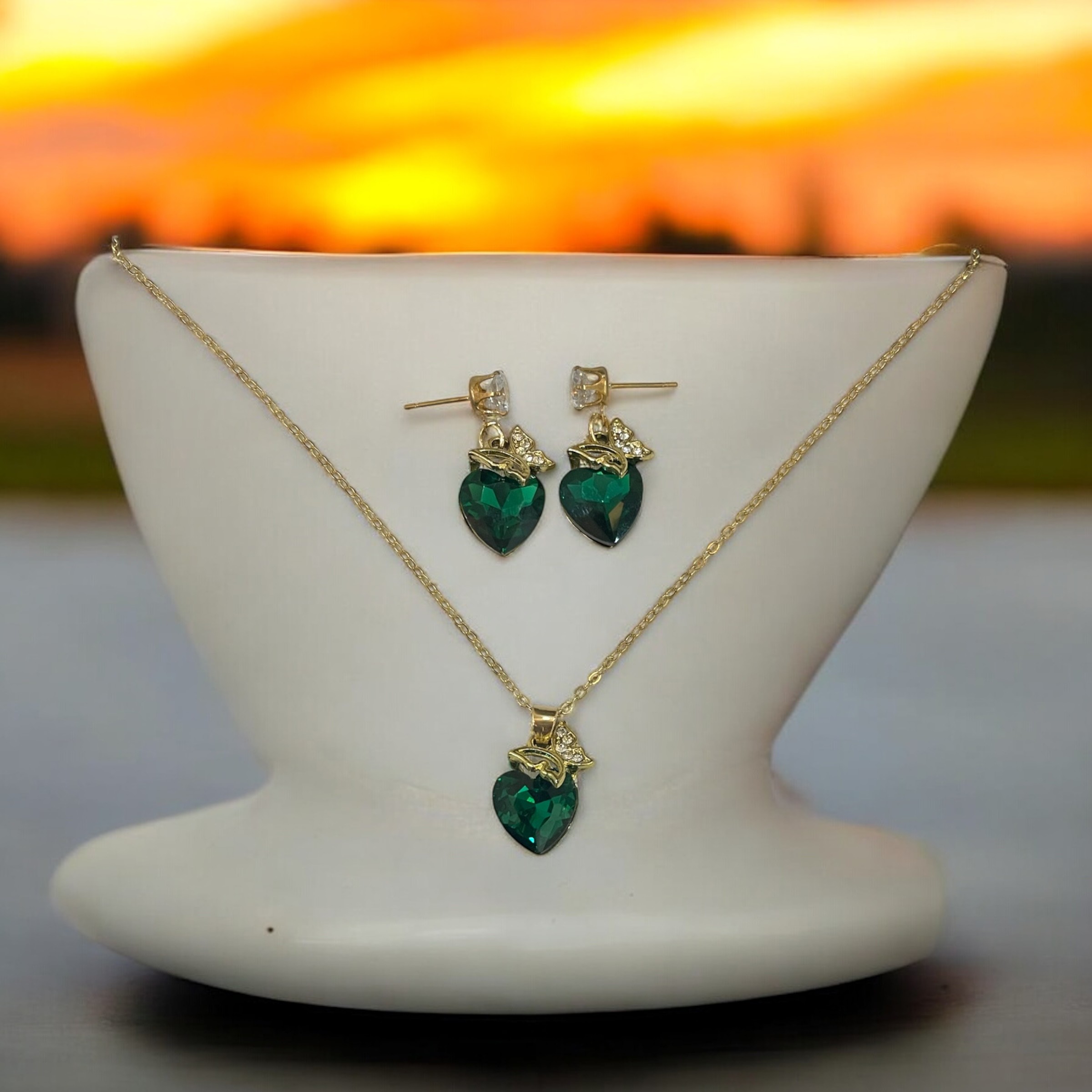 00053-Photoroom Hearts Crystals Green Necklace & Earring Set - Image 1