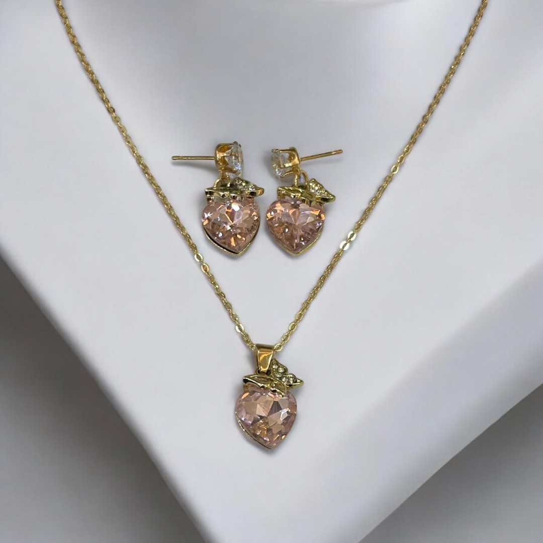 00061-Photoroom Pink Zirconia Gold Color Heart Shape Jewelry Sets - Image 1