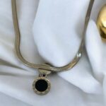 Black Stone Titanium Steel Flat Chain Pearl Pendant Necklace