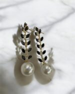 Delicate Leaf Dangling Long Black Earrings - Image 4