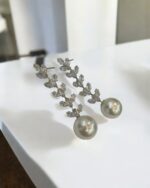 Delicate Leaf Diamond Dangling Long Silver Earrings - Image 2