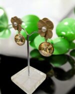 Gold Shell Pearl Flower Chain Earrings - Image 3