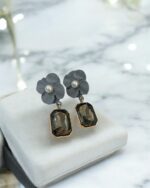 Dramatic Light Gray Flower Earrings - Image 2