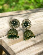 Indian Green & Gold Stone Jhumka Earrings