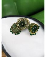 Indian Green & Gold Stone Jhumka Earrings - Image 2